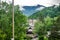 View of the city of Gatlinburg in Tennessee and the Great Smoky Mountains Park. Tourist travel destination