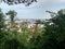 View of the city of Lviv Landscape through the green leaves branch of trees Aerial overview area center town Western Ukraine