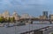 View the city of Moscow, the river and ships from the Bogdan Khmelnitsky Bridge, near the Kievskaya metro station