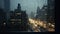 a view of a city at night through a rain covered window with a view of a busy street at night