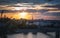 View of the city of Novi Sad and the Danube river at sunset from the Petrovaradin fortress. City landscape