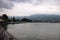 View of the city of Ohrid on the coast of the lake in North macedonia in rainy weather