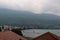 View of the city of Ohrid on the coast of the lake in North macedonia in rainy weather