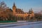 View of City Park Ice Rink located in the City Park of the Hungarian capital Budapest during winter sunset