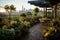 A view of a city from a rooftop garden