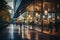 View of a city street with modern buildings in a business district. Commercial buildings with glass facades. Evening