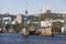 View of the city of Vladivostok and and a floating dock `Dalzavod` at the pier from the side of the Golden Horn Bay. Far East