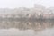 View of the city of Zamora with San Isidoro church and the Douro river in a foogy day