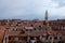 A view of classic older style rooftops make up the Venice skyline with St Mark`s Campanile in the distance
