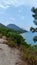 View of a cliff in the Mediterranean Sea, a mountain cliff in the sea, an observation deck in a mountainous area in Beldibi