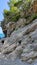 View of a cliff in the Mediterranean Sea, a mountain cliff in the sea, an observation deck in a mountainous area in Beldibi bay