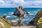 A view from the cliff top looking down towards the Bow Fiddle Rock at Portknockie, Scotland