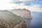 View of the cliffs from Mirador Es Colomer in Cap de Formentor, Mallorca, Spain. Rocks in the Mediterranean surrounded by sea.