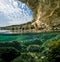 View of the cliffs and sea caves of Cape Greco from under the wa