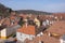 View from the Clock Tower in Sighisoara of of colorful houses in the citadel