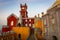 The view of the Clock tower with the turrets and battlements. Pena Palace.