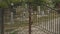 View of the closed old rusty black wrought iron gate in the cemetery close up. Way to Orthodox Russian cemetery or graveyard