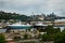 View of cloudy Seattle skyline and shipping port from the Magnolia bridge