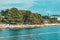 View from the coast in a green lagoon near the town of Porec on the Istrian Peninsula. Magnificent nature of the coast of Croatia