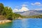 View of the coast and the mountains from the water side