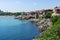 View of the coast and the remains of the fortress wall of Sozopol in the ancient seaside town on the southern Bulgarian Black Sea