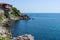 View of the coast and the remains of the fortress wall of Sozopol in the ancient seaside town on the southern Bulgarian Black Sea