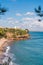 View of the coastline of the Costa Dorada in Miami Platja, Tarragona, Catalunya, Spain. Copy space for text. Vertical.