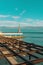 View of the coastline. Massandra beach, Yalta, Crimea. Metal frames shelters from the sun