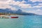 View of coastline and mountains in Turkey.