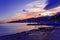 View of the coastline sea and rocks at sunset against a natural blue sky. Massandra beach, Yalta, Crimea