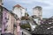 View of colored facades and traditional residential towers of Mostar, Bosnia