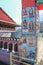 View of colorful column of Thyangboche monastery`s entrance with buddhist figures