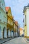 view of colorful facades of old style houses situated next to the velke namesti square in historical part of czech city