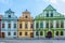 view of colorful facades of old style houses situated next to the velke namesti square in historical part of czech city