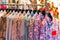 View of the colorful kimono in the store, Kyoto, Japan. Close-up. Vertical.