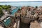 View of colorful old buildings in Sirmione and Lake Garda from Scaliger castle wall,