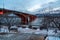 View of the Communal Bridge 1961 with night illumination across the Yenisei River from the embankment of the right bank in the