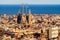 View of the construction Sagrada Familia and over the sea of houses in Barcelona. With approx. 1.6 million inhabitants, Barcelona