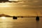 View from container ship on the other merchant cargo vessels anchored near to entrance to Columbia river from Pacific ocean.