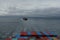 View on container vessel from other ship underway approaching the port of Vancouver, Canada, from Pacific ocean in the Salish Sea