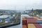 View on the containers loaded on deck of the large cargo ship.