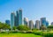 View of a corniche in Abu Dhabi stretching alongside the business center full of high skyscrapers