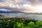 View of Coron Town and Bay from Mount Tapyas on Busuanga Island at sunset - tropical destination with paradise landscape scenery,