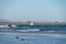 View Corralejo dunes, white sandy beach, blue water, Lobos and Lanzarote islands, Fuerteventura, Canary islands, Spain