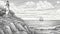 view country _black and white, coloring book page, A lighthouse on a cliff, overlooking the sea and the sky