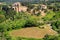 View of countryside and a farmhouse near Montalcino, Val d`Orcia