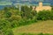 View of countryside and a farmhouse near Montalcino, Val d`Orcia