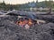 View of a crackling beach camp fire by a lake