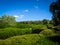 A view of Cranbourne Botanic Garden Visitors Center surrounded by lush bush plants