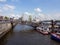 View at crowded landing bridges in Hamburg harbor at Harbors Birthday.